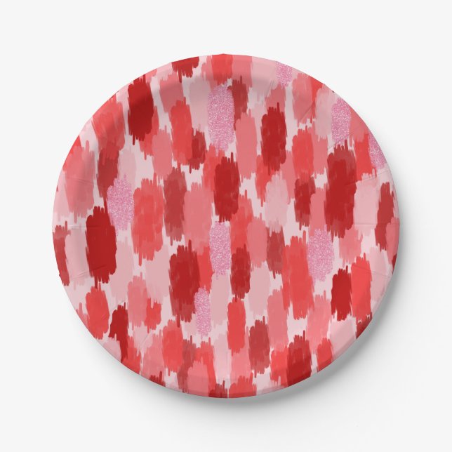 Plato De Papel Patrón de pinceles de resumen rosado rojo (Anverso)