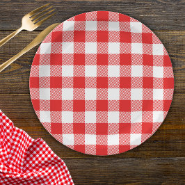 Plato De Papel Patrón de plaid de Gingham rojo