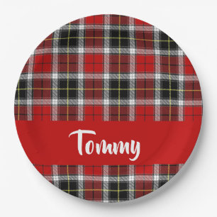 Plato De Papel Patrón de plaid rojo de nombre personalizado