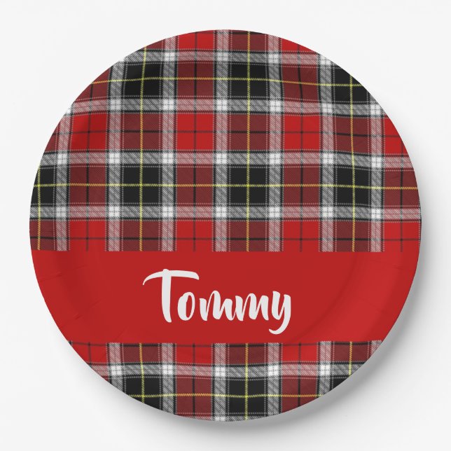 Plato De Papel Patrón de plaid rojo de nombre personalizado (Anverso)