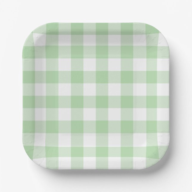 Plato De Papel Patrón de plástico de Gingham verde pálido (Anverso)