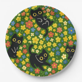 Plato De Papel Patrón de prado floral con gatos negros lindos