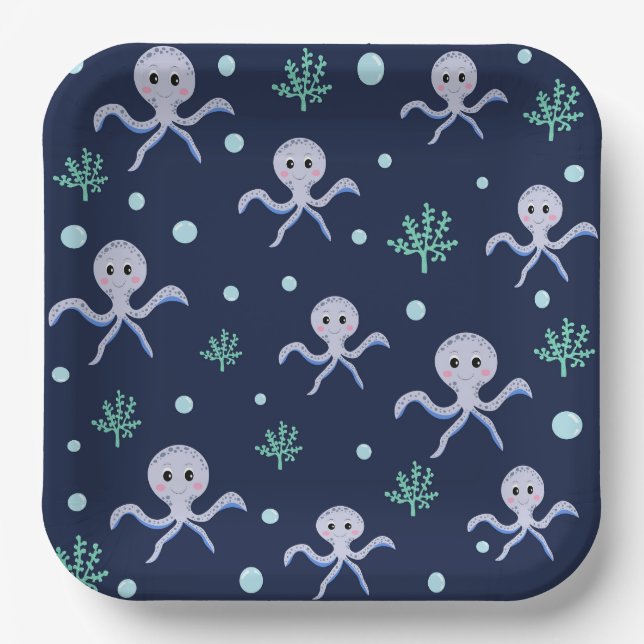 Plato De Papel Patrón de pulpo bajo el mar (Anverso)