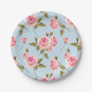 Plato De Papel Patrón de puntos de polka y rosas