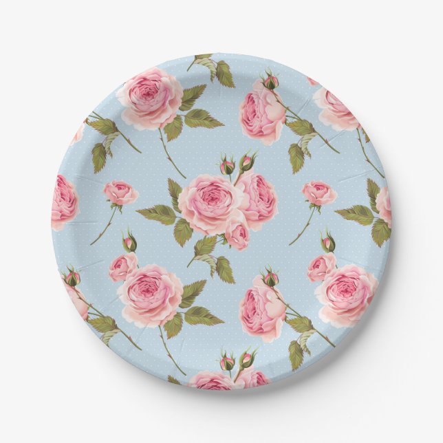 Plato De Papel Patrón de puntos de polka y rosas (Anverso)