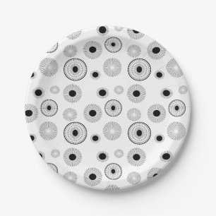Plato De Papel Patrón de ráfagas circulares - Blanco y negro