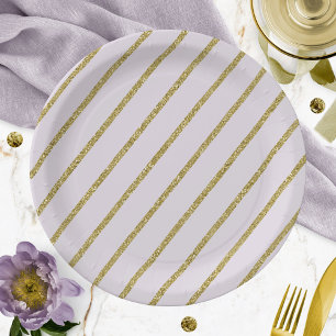 Plato De Papel Patrón de raya de purpurina dorada lavanda púrpura