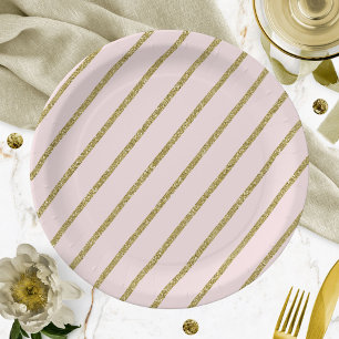 Plato De Papel Patrón de Raya de Purpurina Dorada Rosa Claro