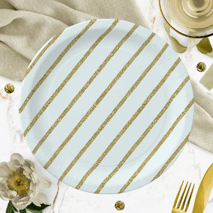 Plato De Papel Patrón de raya de purpurina dorada verde teal clar
