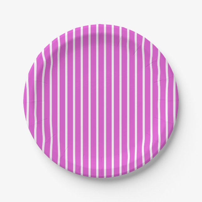 Plato De Papel Patrón de rayas blancas y fucsia (Anverso)