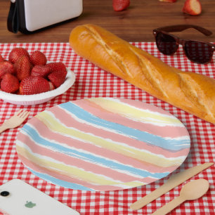 Plato De Papel Patrón de rayas de acuarela rosa azul amarillento 