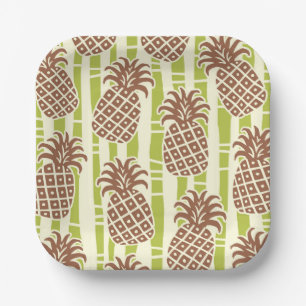 Plato De Papel Patrón de rayas de bambú y piña Tiki