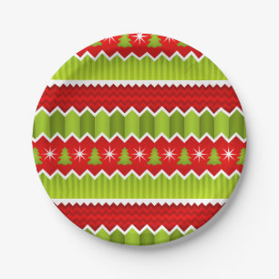 Plato De Papel Patrón De Rayas De Chevron Rojo Y Verde navidad