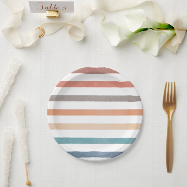 Plato De Papel Patrón de rayas retro boho (Boda)