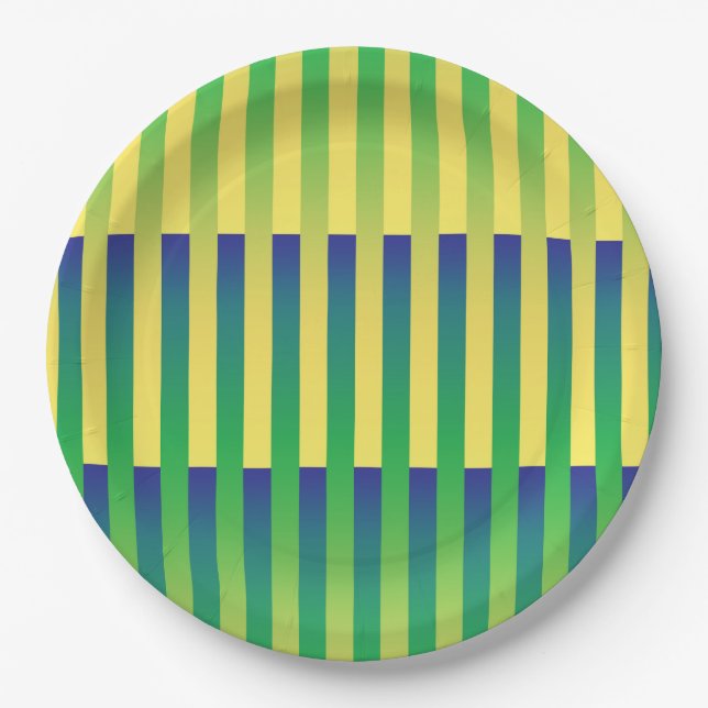 Plato De Papel Patrón de rayas verde amarillo azul (Anverso)