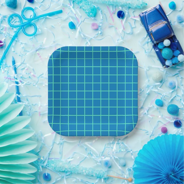 Plato De Papel Patrón de rejilla en azul y verde menta (Fiesta)