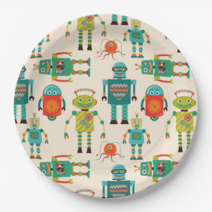 Plato De Papel Patrón de robots retro coloridos