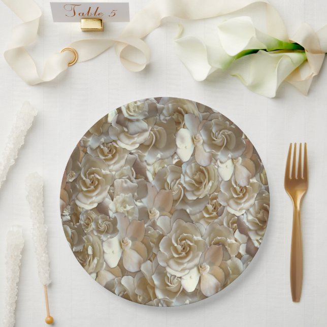 Plato De Papel Patrón de rosa de marfil – Arte floral elegante (Boda)