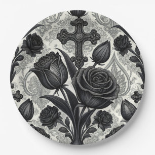 Plato De Papel Patrón de rosa gótica oscura (2)