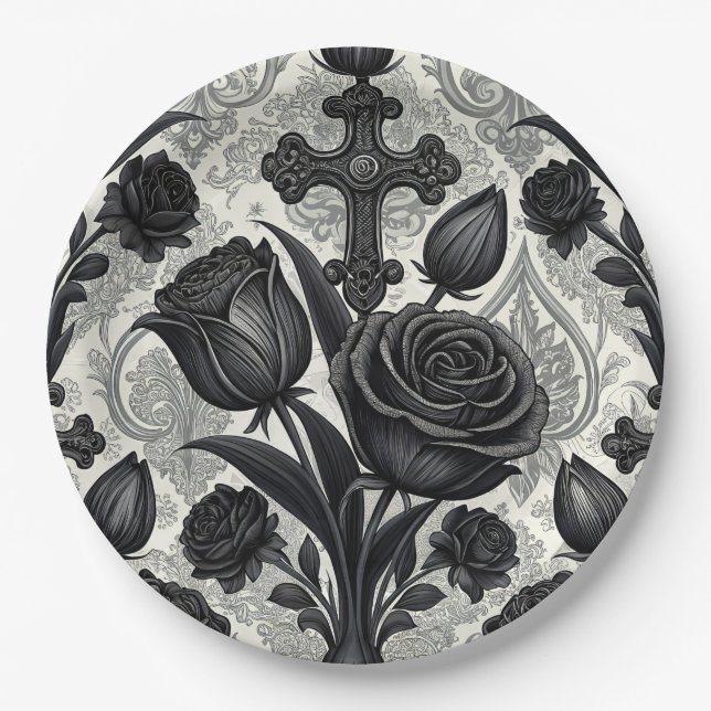 Plato De Papel Patrón de rosa gótica oscura (2) (Anverso)