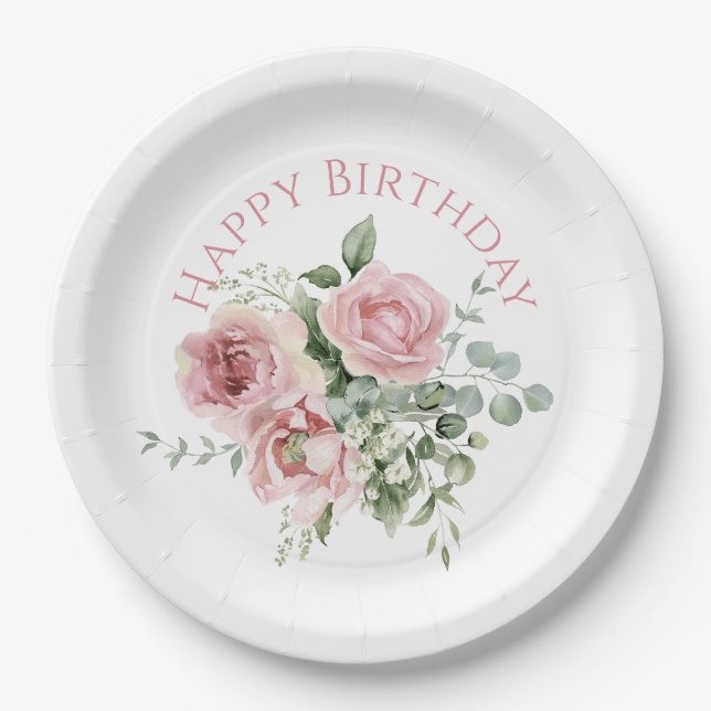 Plato De Papel Patrón de rosa rosa acuarela (Anverso)