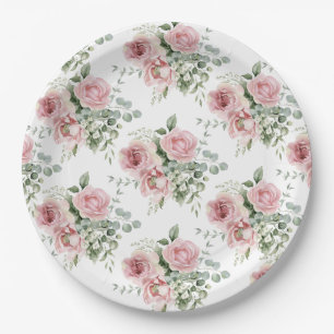Plato De Papel Patrón de rosa rosa acuarela