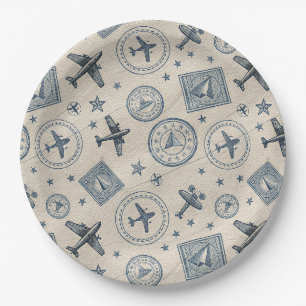 Plato De Papel Patrón de sello de pasaporte de aviación vintage (