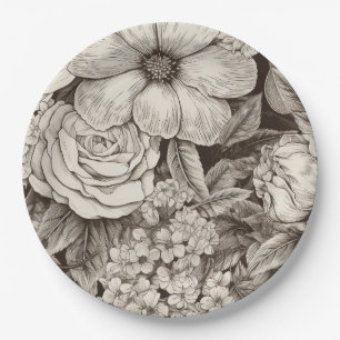 Plato De Papel Patrón de Sepia Floral Vintage (1)