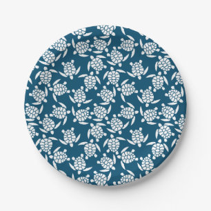Plato De Papel Patrón de silueta de tortuga blanca y azul