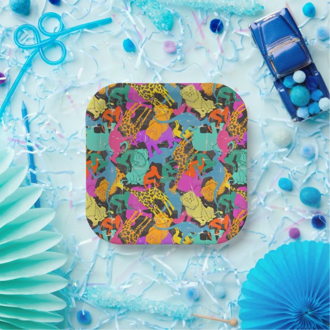 Plato De Papel Patrón de siluetas de animales retro (Fiesta)