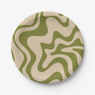 Plato De Papel Patrón de Swirl líquido retro en verde oliva