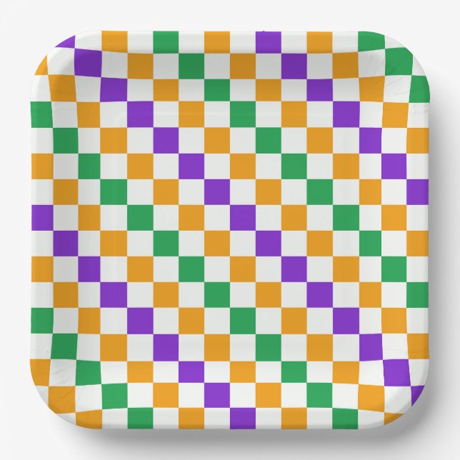 Plato De Papel patrón de tablero de ajedrez diagonal de Mardi gra (Anverso)