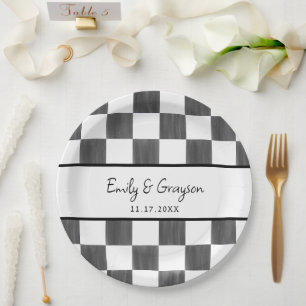 Plato De Papel Patrón de tablero de ajedrez pintado de negro Boda