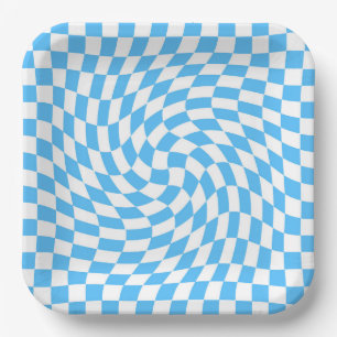 Plato De Papel Patrón de tablero de cheques azul y blanco claro