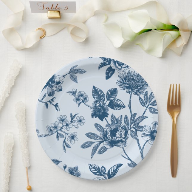 Plato De Papel Patrón de tela floral azul de luz blanca (Boda)