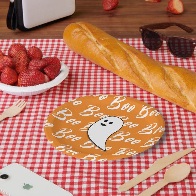 Plato De Papel Patrón de texto boo naranja blanco de Halloween fa (Picnic)