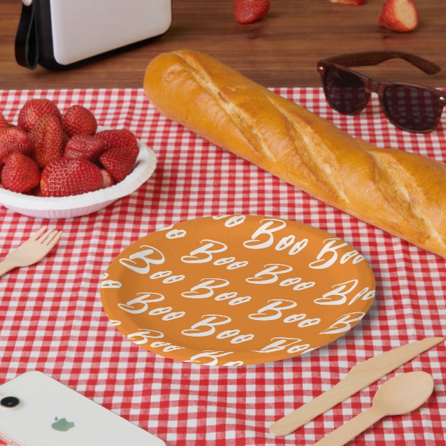 Plato De Papel Patrón de texto de naranja blanco de Halloween (Picnic)