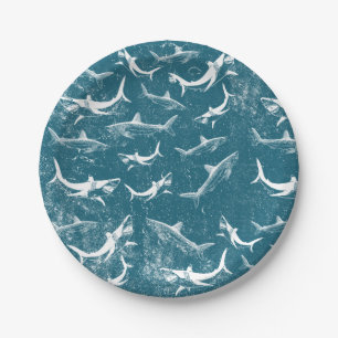 Plato De Papel Patrón de tiburón azul angustiado