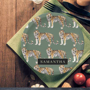 Plato De Papel Patrón de tigres de acuarela verde tropical con no