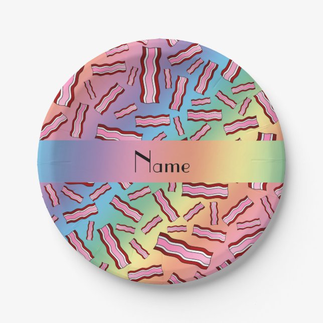 Plato De Papel Patrón de tocino arcoiris de nombre personalizado (Anverso)