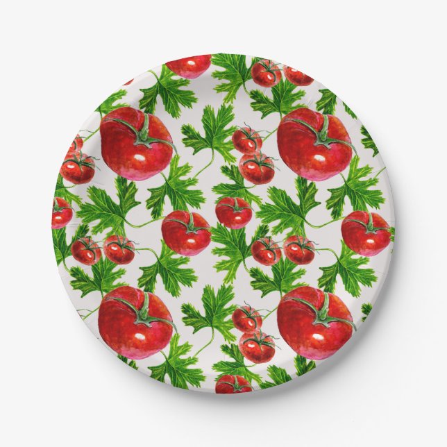Plato De Papel Patrón de Tomate con Hojas (Anverso)