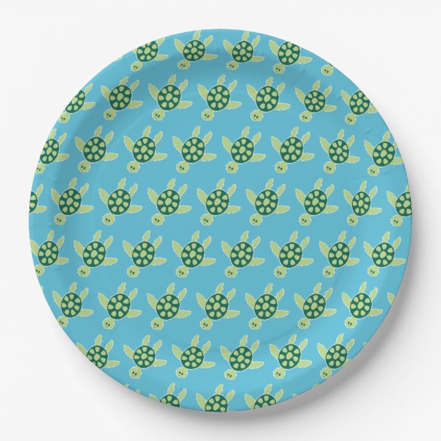 Plato De Papel Patrón de tortugas de baño Azul (Anverso)