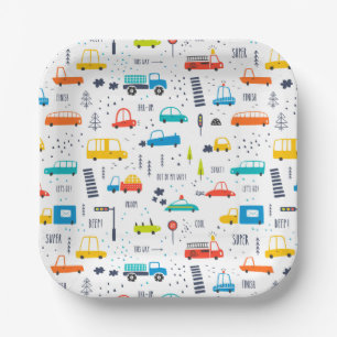 Plato De Papel Patrón de tráfico de coches de colores reducidos