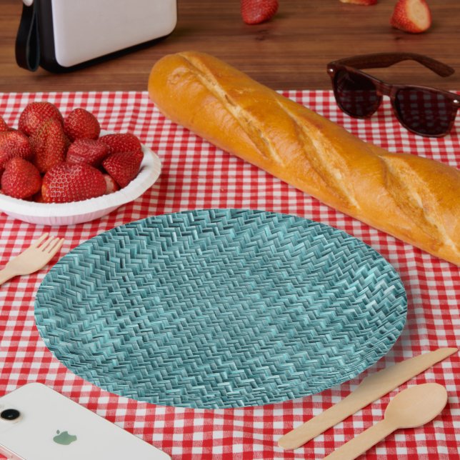 Plato De Papel Patrón de trapo Turquesa Verde azulado Faux Rattan (Picnic)