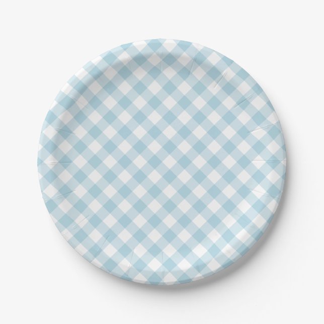 Plato De Papel Patrón de trazo ligero azul de Gingham (Anverso)