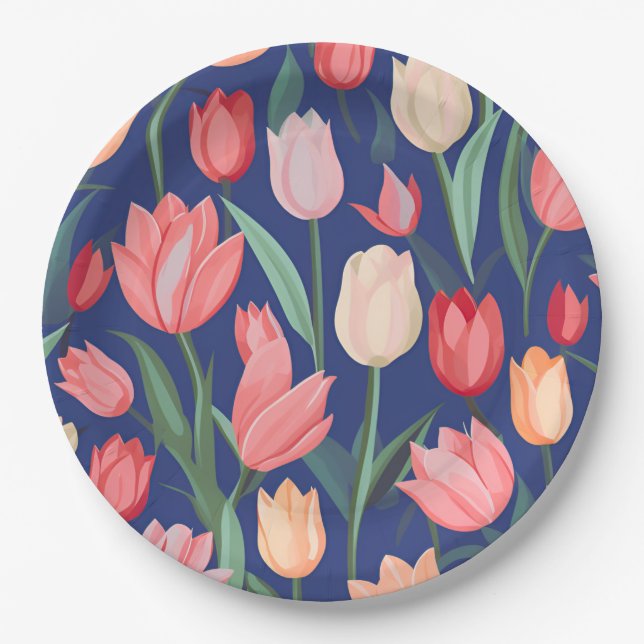 Plato De Papel Patrón de tulipanes. (Anverso)