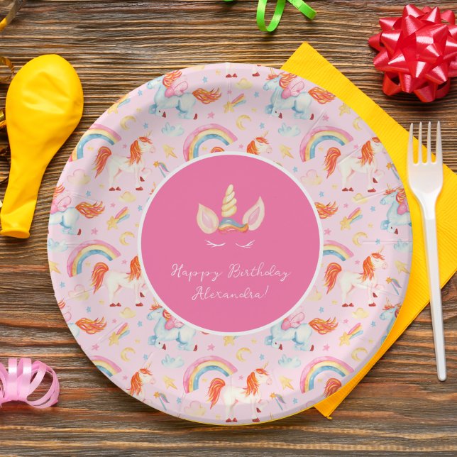 Plato De Papel Patrón de Unicornio Rosa Niña Feliz cumpleaños (Subido por el creador)