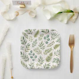 Plato De Papel Patrón de Vegetación al Acuarela | Hojas Botánicas
