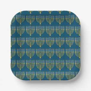 Plato De Papel Patrón de velas de Menorah Hanukkah festivo azul