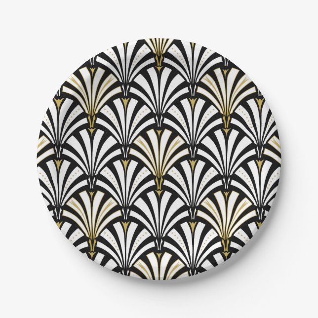 Plato De Papel Patrón de ventilador Art Deco - blanco y negro (Anverso)